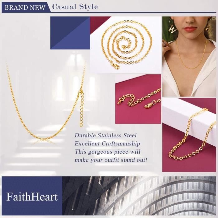 FaithHeart Chaîne Maille Forçat 2 Mm Acier Inoxydable Or – Collier Homme Femme 35-75 Cm + Extension 5 Cm, Indémodable
