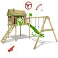 FATMOOSE Aire de jeux Portique bois FunFactory avec balançoire et toboggan vert Maison enfant sur pilotis avec échelle d'escalade-2
