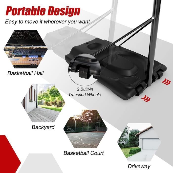 Panier De Basket Sur Pied SAMAX Hauteur Réglable 100-305 Cm Mobile Avec Roulettes
