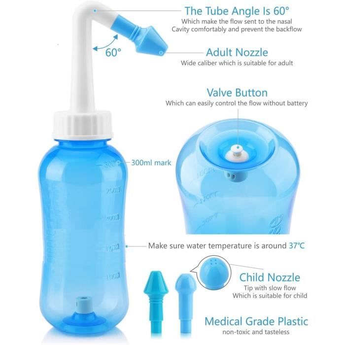 Bouteille De Rinçage Sinus - Nettoyage Nasal Doux, 22cm, Plastique Bleu, Pour Hygiène Quotidienne