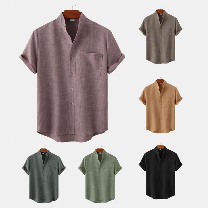 Chemise Homme été En Coton Lin – Manches Courtes, Coupe Régulière, Unie, Boutonnée, Décontractée Ou Business
