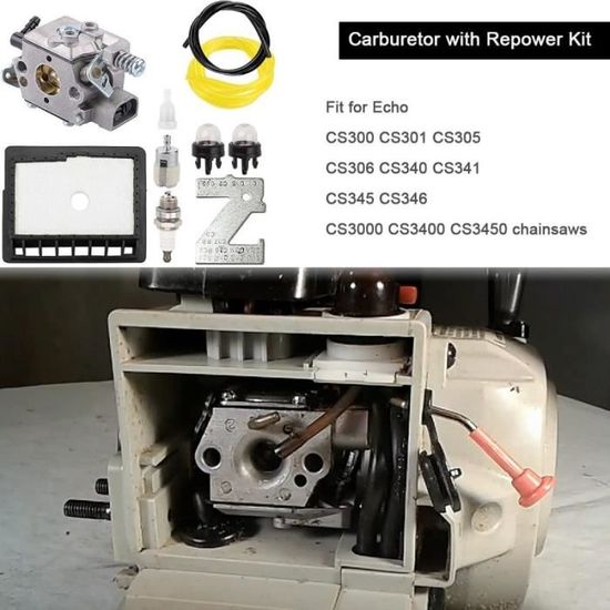 Mtanlo Carburateur WT-589 Kit Complet Pour Tronçonneuse Echo CS-301, CS-305, CS-340, CS-345 - Avec Filtres, Tuyaux, Bougie
