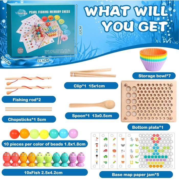 Jouet Montessori en Bois 4 en 1 Jeu de Société Jeu de Clip Perles Pêche  Magnétique Jeux Éducatif Puzzle Bois Interactif Cadeau pour Enfants 3 4 5 6  Ans Fille Garçon