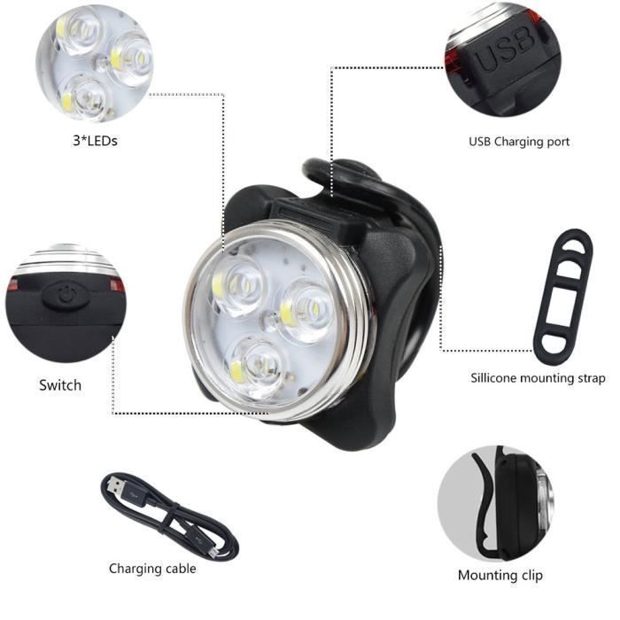 Kit éclairage Vélo BORUIT Avant/arrière Rechargeable USB – LED Aluminium – Noir