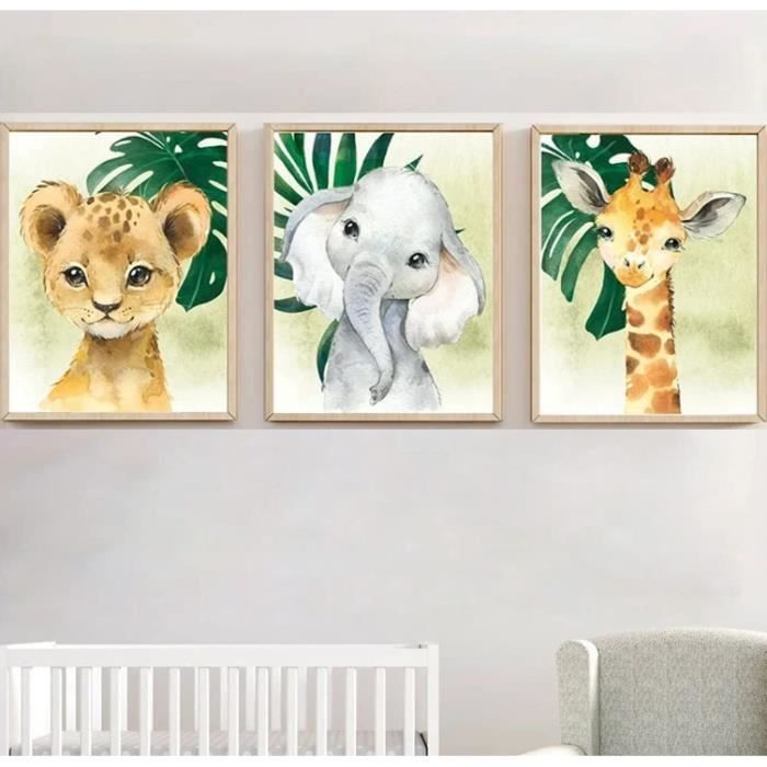 Lot de 3 Affiche Animaux Safari Poster Jungle Girafe Lion Elephant Palmier  Murale 30x40 Enfant Bebe Garcon Fille Chambre Toile Decoration Cadeau sans  Cadre