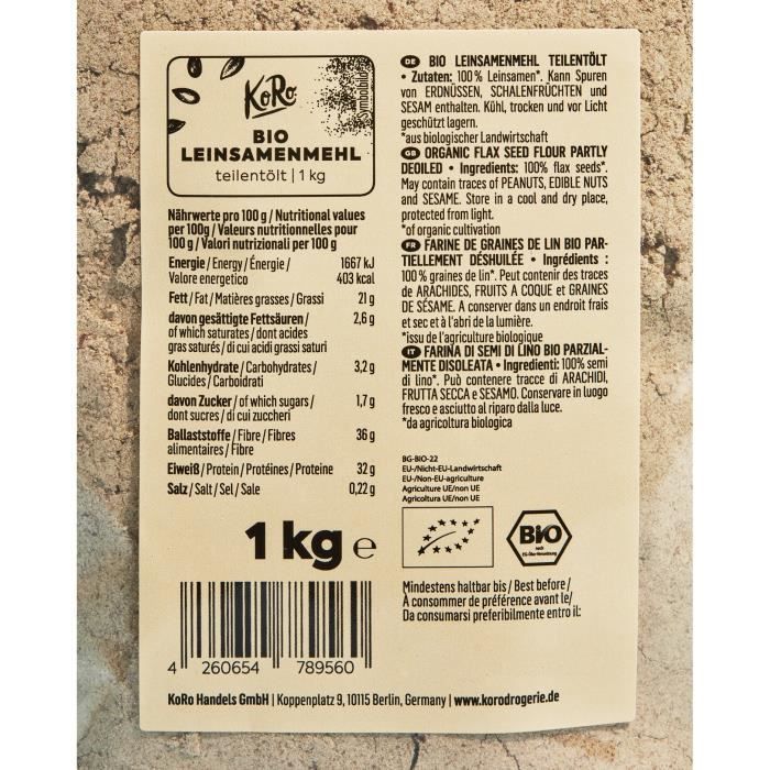Farine de lin bio partiellement déshuilée 1kg - Koro – Allmyketo
