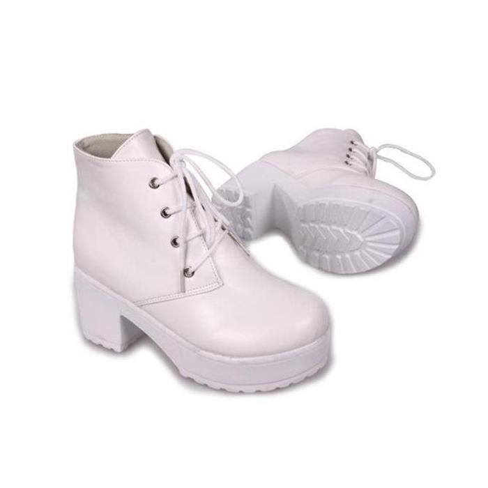 Mode Bottine Boots Lacet Femme Fille Chaussure Blanc Blanc