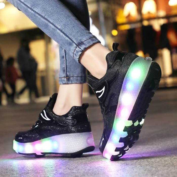 Chaussures a roulettes LED pour enfants REMYCOO Noir Lacets Dessus synthetique Talon plat