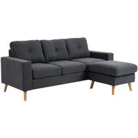 Canapé d'angle 3 places design scandinave - dossier effet capitonné, repose-pied amovible - piètement bois tissu anthracite