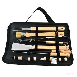 USTENSILE 10x Ensemble d'outils de barbecue portables Kit d'ustensiles de barbecue, manche en bois professionnel très résistant pour