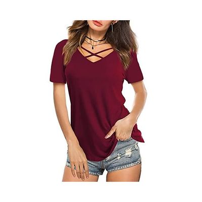 T shirt Femme FONDUPIN Tee Shirt Sexy Ete Vin rouge Manches courtes Col V Cdiscount Pret a Porter