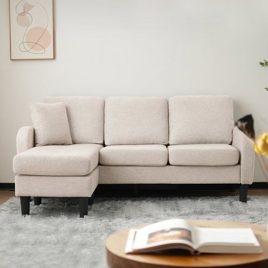 Canapé D'angle En L Avec Méridienne Sweiko - 166x118x77 Cm, Tissu Coton-lin, Modulaire, Beige