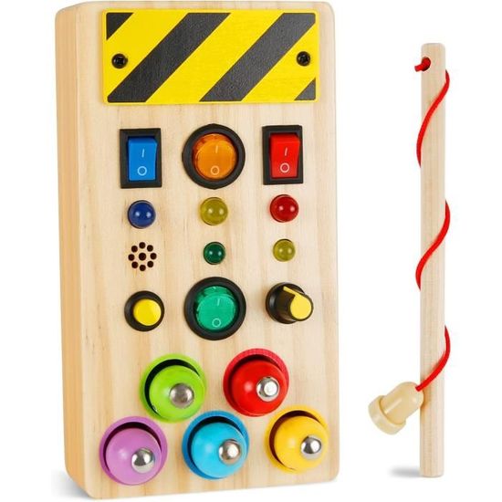 Sundaymot Busy Board De Madera Con Camión, Frutas, Verduras, Cerradura, Tornillos Y Luz LED - Juguete Educativo Montessori De 3 A 7 Años