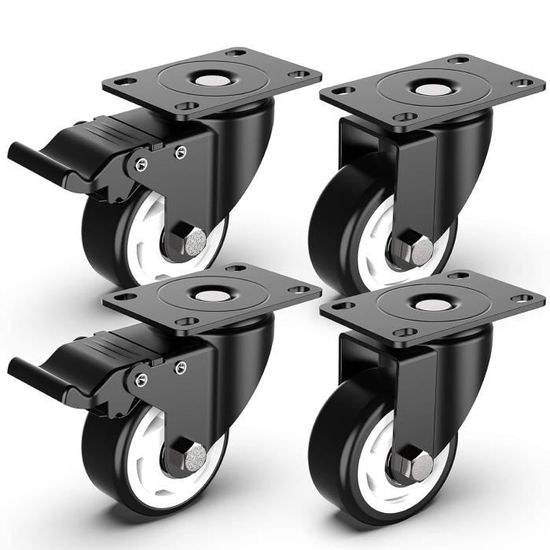 4 Roulettes Pivotantes 75 Mm Avec Frein - Charge Max 200 Kg - En Caoutchouc - Pour Meubles Et Chariots