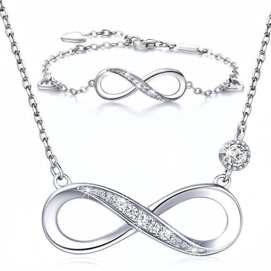Parure BlingGem Cœur Infini En Argent 925 - Collier Et Bracelet Avec Zirconium - Cadeau Femme