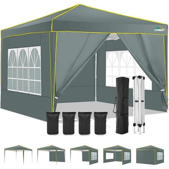 Tente De Jardin Bonnlo 3x3m Imperméable - Avec 4 Parois Latérales - Protection UV 50+ - Sac De Transport Inclus - Gris