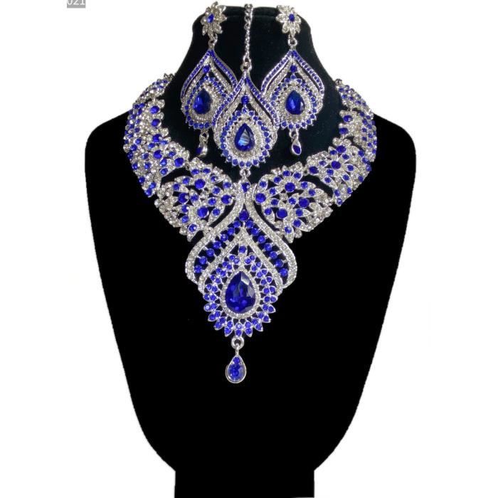 Parure bijoux indiens Bleu ambre dore collier mariage tikka bollywood bindi indienne sari