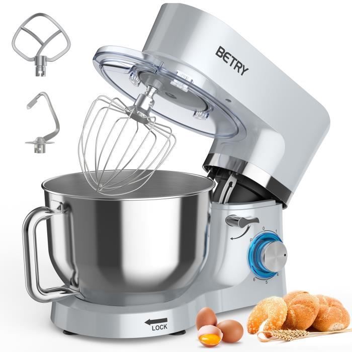 BETRY Robot Pâtissier 1500W, 7 Vitesses Robot pétrin multifonction avec Bol 7,2L, Batteur, Fouet, Crochet, Robot de cuisine - ARGENT