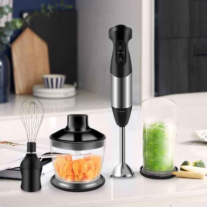 Mixeur Multifonction 3 en 1 - 1000W - Hachoir : 500ml - Gobelet 600ml - Fouet - Acier Inoxydable - Noir