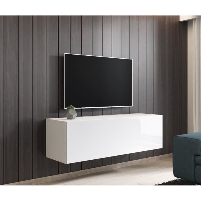 e-Com - Meuble TV Armoire tele Table television Suspendu FAY - 140 cm - Blanc