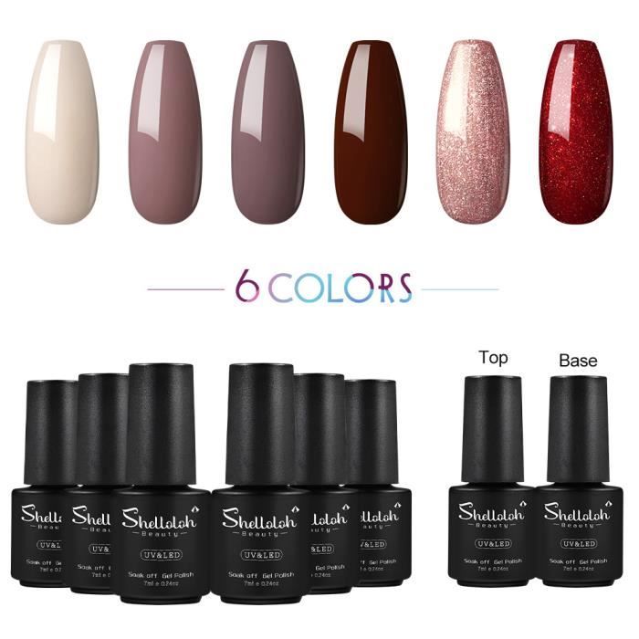Lot de 6pc Vernis Semi Permanent Gel à Ongle Base Coat Top Coat Vernis à Ongle Soak Off Polish Vernis Manucure Kit Shelloloh