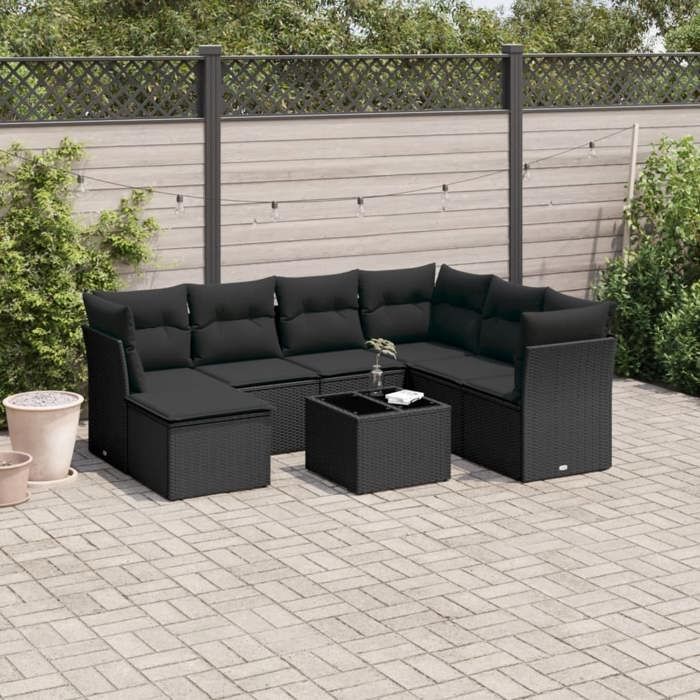 vidaXL Salon de jardin 8 pcs avec coussins noir résine tressée 3249834