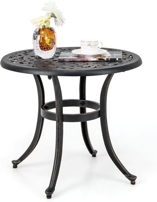goplus table basse ronde de jardin d.60x53cm en fonte aluminium vintage rétro-charge 50kg pour jardin/porche marron