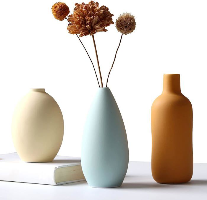 Lot De 3 Vases En Céramique Nervurés - Couleurs Pastel, Décoratifs Pour Salon, Blanc/Beige