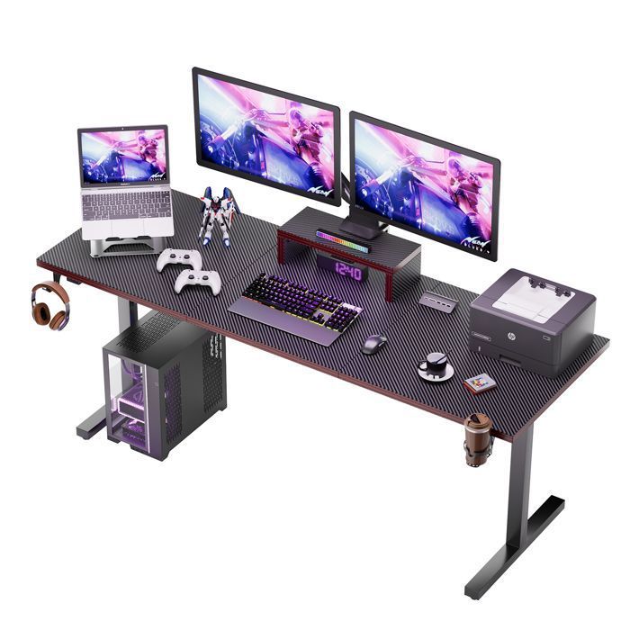 Bureau Gamer KESSER Forme Z 160x60 Cm - Table PC Ergonomique Fibre Carbone, Porte-Gobelet & Crochet Casque