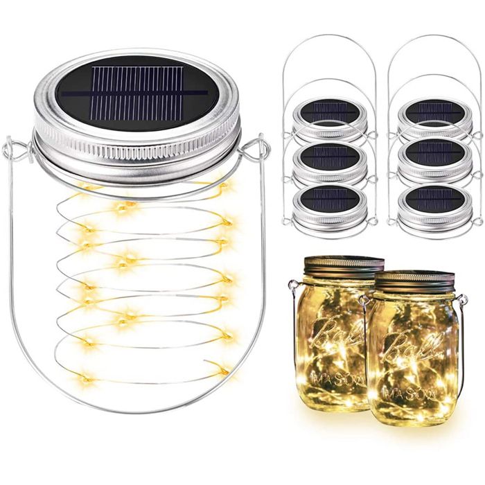 Guirlande lumineuse solaire pour couvercle de bocal en verre 20 LED 6 couvercles avec 6 crochets pour décoration extérieure sans