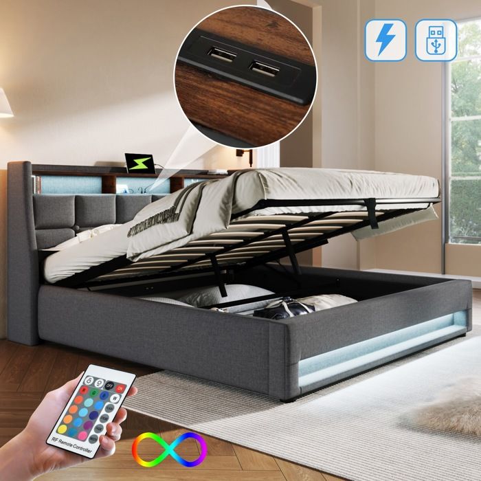 Lit Coffre 180x200 Avec Tête Réglable Et LEDs - Velours, Rangements Intégrés, Ports USB/Type-C, Sans Matelas