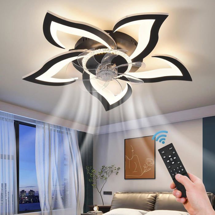 Plafonnier ventilateur 220 V design noir – Ventilateur plafond silencieux avec lumière dimmable variateur infini et minuterie 2 h - Prumya