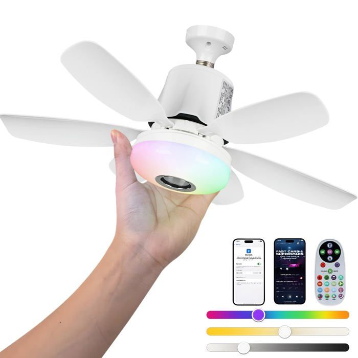 47cm RGB Ventilateur de plafond avec lumière 32W E27 socle Ventilateur de plafond à lumière variable 6 pales et télécommande - Handeiu
