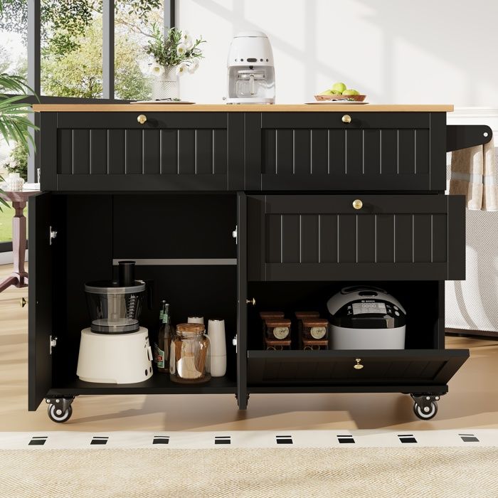 Buffet de CuisineDesserte Chariot à RoulettesÎlot de Cuisine2 Portes 3 TiroirsPlan de TravailPorte-ServiettesNoir
