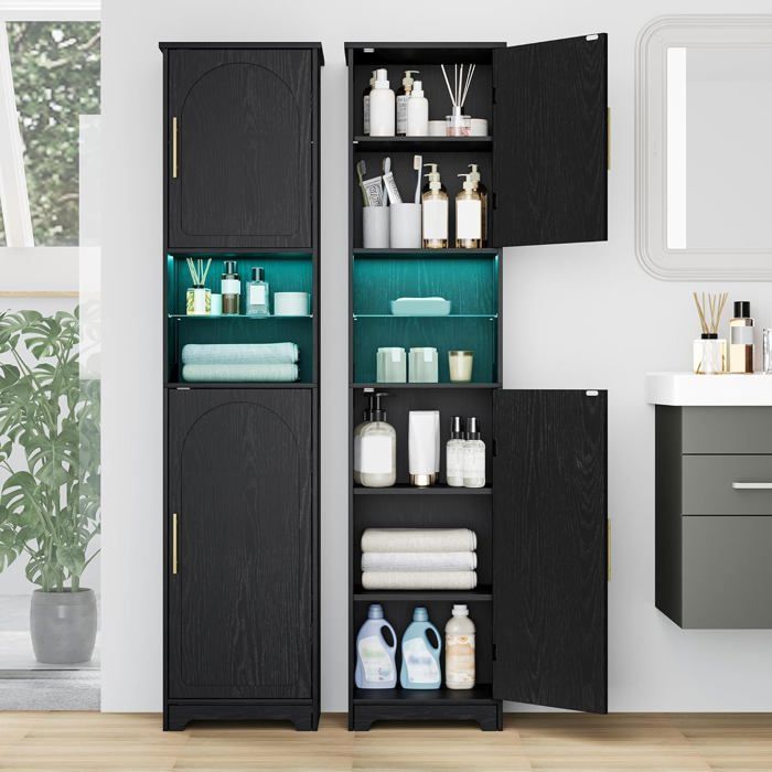 Armoire de Salle de Bain avec Éclairage LED Meuble de Rangement avec Deux Portes Étagères Réglables Grand Meuble Étroit Noir