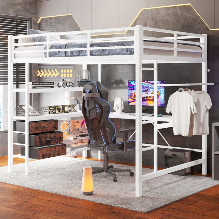 Lit Mezzanine Enfant 140x200 cm avec BarrièRes et Escalier Lit Enfant Double 2 en 1 avec Bureau et 3 Tiroirs Lit Double LED