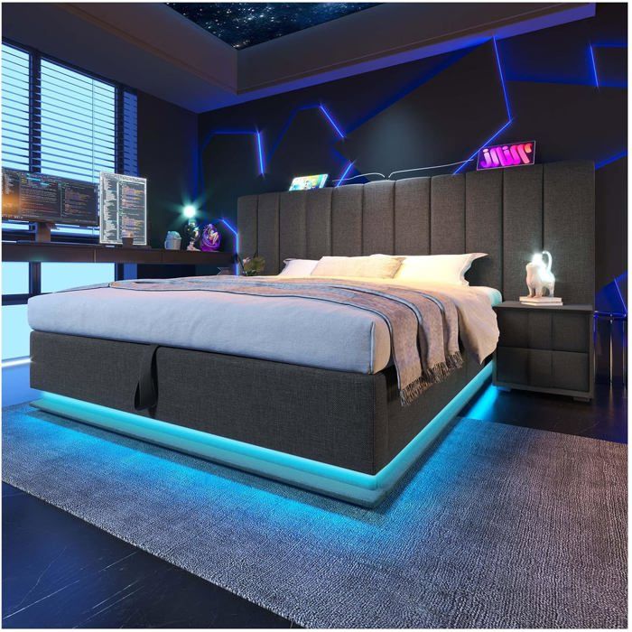 Lit capitonné 160 x 200cm - Lit double avec App Control LED et fonction de charge USB-C - Lin gris sans matelas et table de chevet