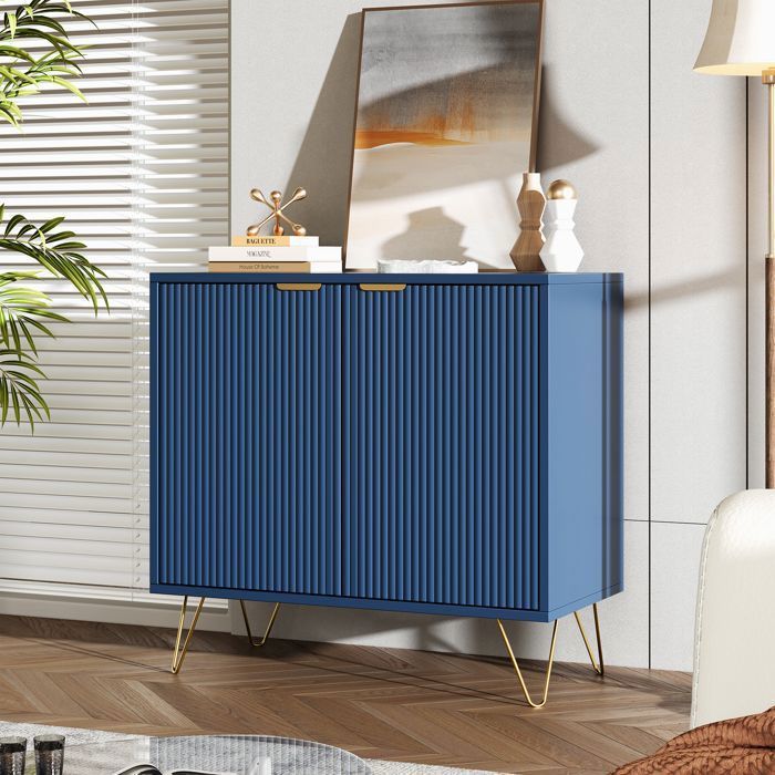 80x40x78cm Buffet moderne bleu enfilade avec 2 portes poignées et base en métal adapté à la salle à manger au salon chambre