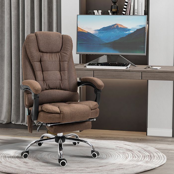 Fauteuil de bureau ergonomique massant chauffant repose-pied + coussin lombaires hauteur réglable dossier inclinable marron