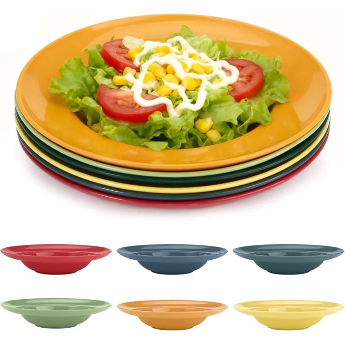 Assiettes creuses en plastique - DOK - 6 pièces - Ø 23 cm - Réutilisable - Moderne - Minimaliste - 6 couleurs