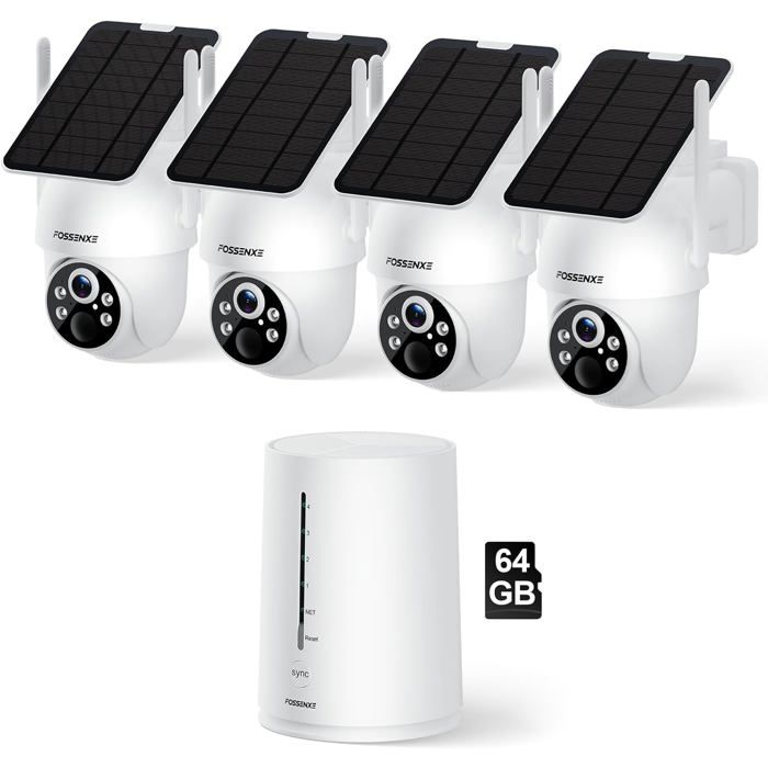 Caméra de Surveillance 2K FOSSENXE WiFi Solaire - Kit 4 Caméras PTZ 360°