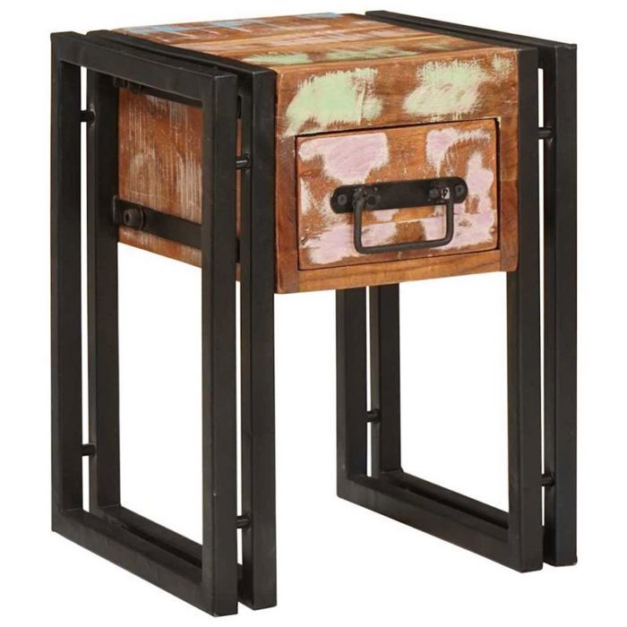 Table dappoint - VIDAXL - Guéridon 30x30x40 cm - Bois recyclé - 1 tiroir - Cadre métal