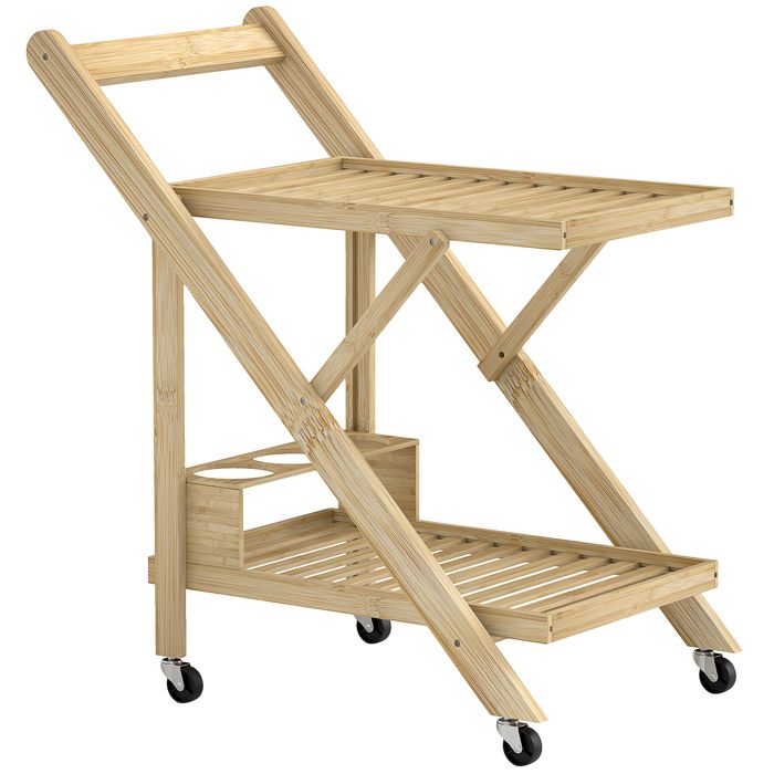 Chariot de cuisine - Bambou naturel - 66x40x70 cm - 2 niveaux - Roulettes avec freins