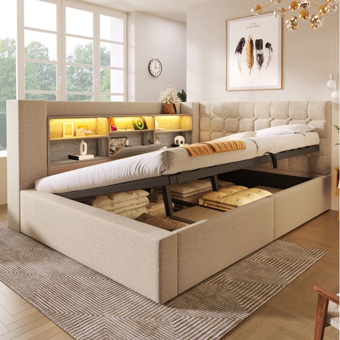 MEUBLIV Lit coffre capitonné 140x200cm avec tête de lit de rangement en L et éclairage LED lin beige sans fond matelas inclus