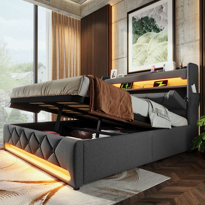 Lit Coffre Adulte 180x200 cm Lit Double avec LED USB et Type C Coffre de Rangement Sommier à lattes Tissu en Lin Gris