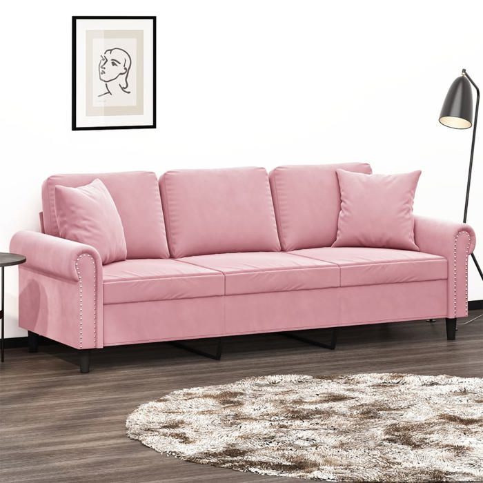 NEW 2026 Canapé moderne - Design ergonomique - pour salon - 3 places avec oreillers décoratifs rose 180 cm velours L2042