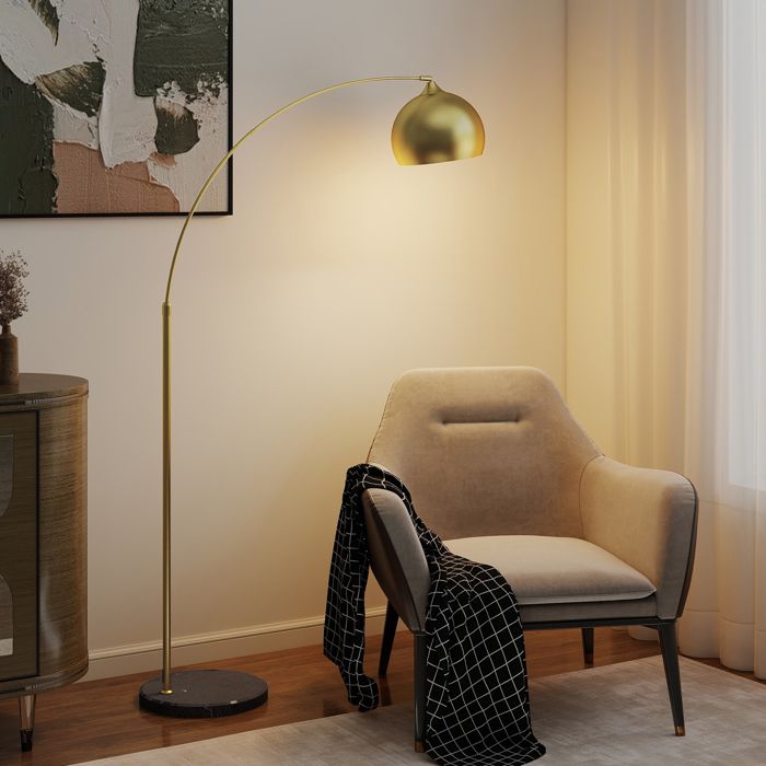 Cocosity Lampadaire Lampe De Salon Arc Réglable Pied Marbre Style Vintage 40W E27 Dim. 100-115L X 30L X 170-180H Cm Doré