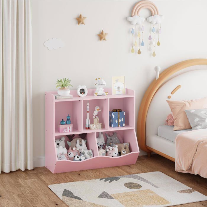 Étagère de rangement pour enfants - GARVEE - 5 en 1 - 3 étagères ouvertes - 2 boîtes inclinées - 915x39x80 cm - Rose