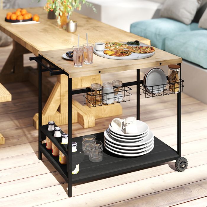 Desserte de jardin chariot pour plancha barbecue en bois et métal avec poignée 2 plateaux 2 paniers et porte-bouteilles