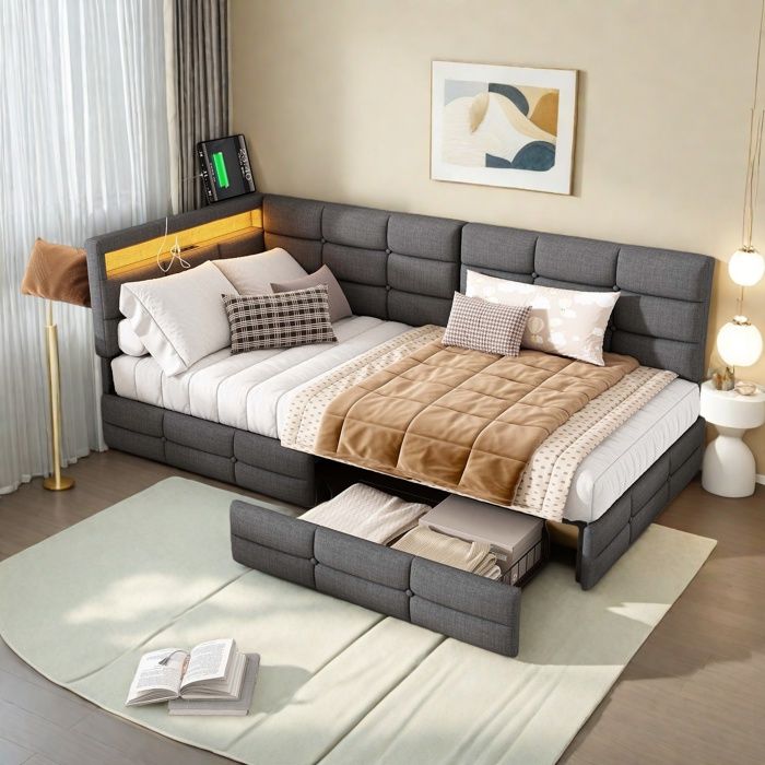 Canapé Lit Convertible 90x200 cm avec LED et USB Lit Capitonné avec Rangement 2 Tiroirs Lit Simple Sommier à Lattes Tissu Lin
